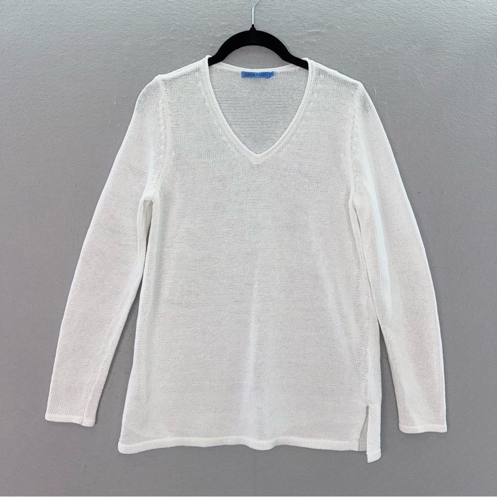 J.Mclaughin- women’s cotton blend white knit V-neck sweater long sleeve top SZ M
